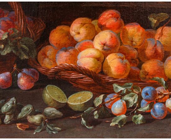 Adriaen van der Cabel (Rijswijk, 1630 o 1631 – Lione, 16 giugno 1705), Natura morta con cesti di prugne e albicocche