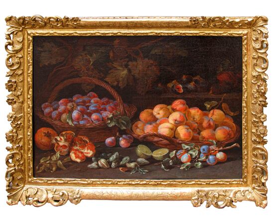 Adriaen van der Cabel (Rijswijk, 1630 o 1631 – Lione, 16 giugno 1705), Natura morta con cesti di prugne e albicocche