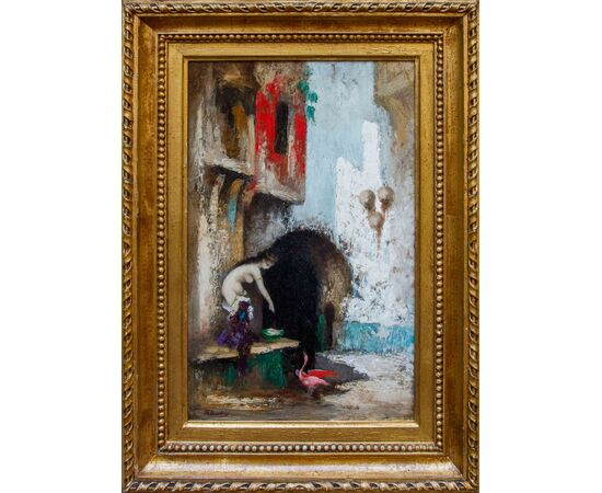 Henri Anatole De Beaulieu (Parigi, 1819 -1884), Donna con ibis rosa