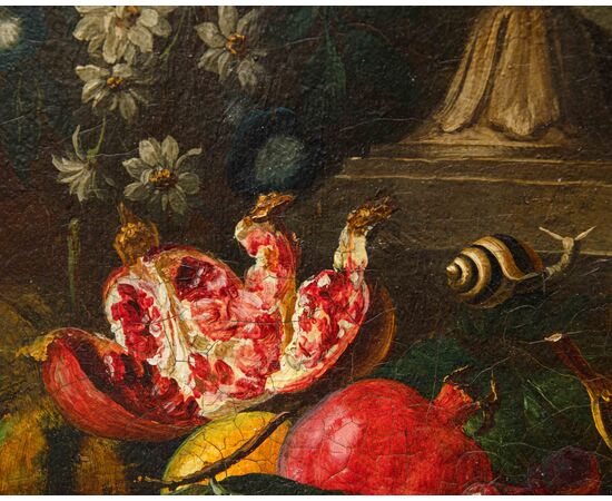 Scuola lombarda, XIX secolo, Composizione di fiori, frutta e fontana