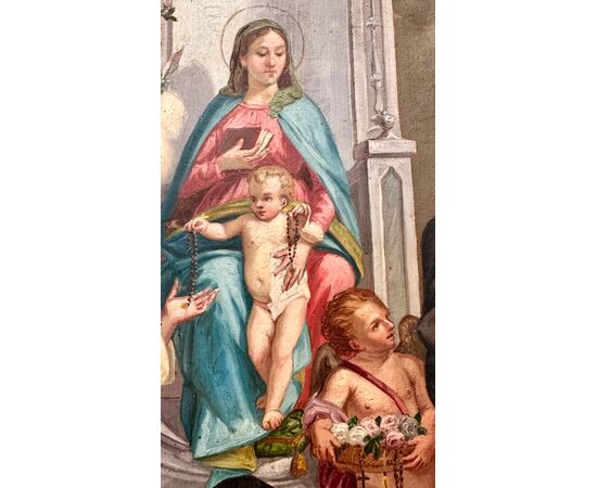 Dipinto, bozzetto , olio su tela “Madonna del Rosario” - XIX sec. 