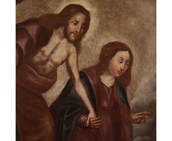 Antico dipinto spagnolo religioso olio su tela del XVIII secolo