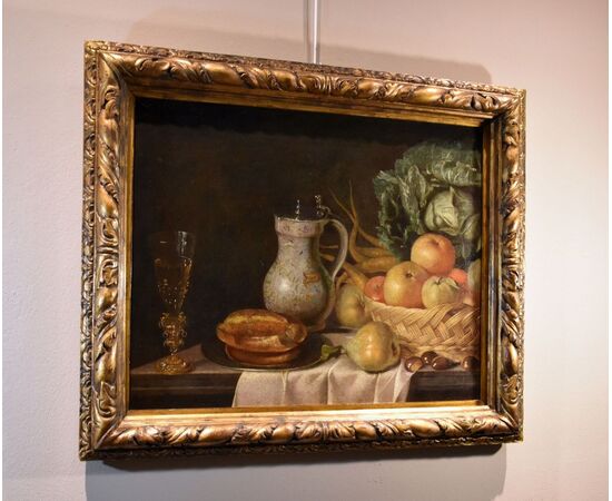 Still life with fruit, vegetables and crystal goblet, Hubert van Ravesteyn (Dordrecht 1638-1683) workshop/circle