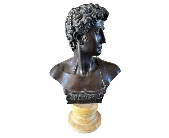  Busto in Bronzo 'Davide' con Base in Marmo, su colonna in marmo verde, XIX Secolo 