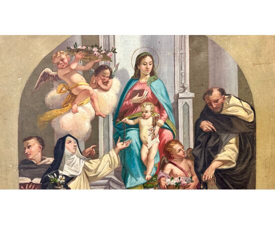 Dipinto, bozzetto , olio su tela “Madonna del Rosario” - XIX sec. 