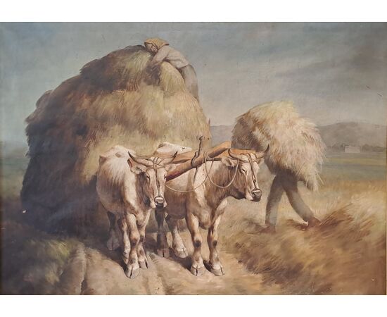 "BUOI AL LAVORO" - OLIO SU TELA - ANTONINO TRAVERSO (1900 - 1981)