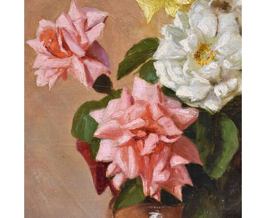 QUADRI ANTICHI, ART DECO, NATURA MORTA CON FIORI DI ROSE BIANCHE, OLIO SU TELA, XX SECOLO. (QF668)