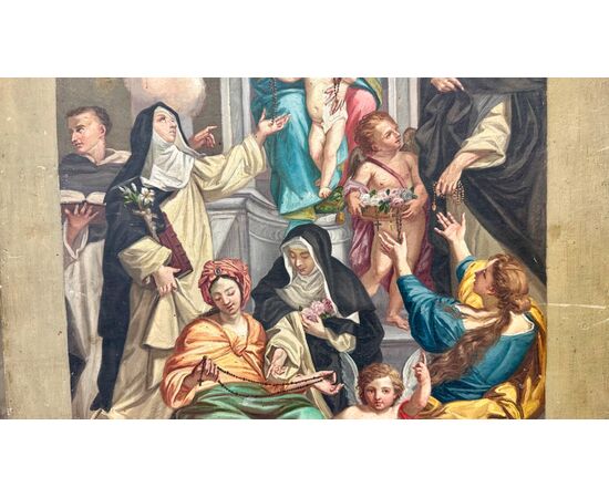 Dipinto, bozzetto , olio su tela “Madonna del Rosario” - XIX sec. 