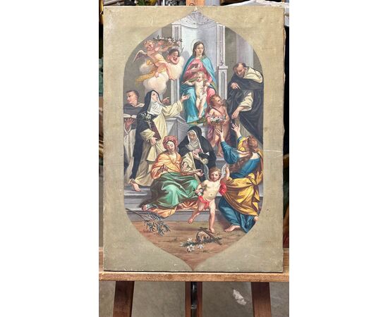Dipinto, bozzetto , olio su tela “Madonna del Rosario” - XIX sec. 