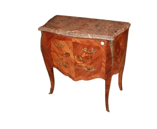 Comoncino francese Stile Luigi XV a 2 cassetti riccamente Intarsiato