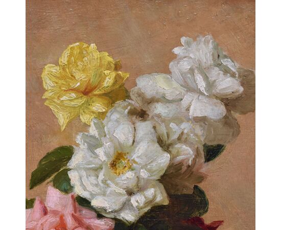 QUADRI ANTICHI, ART DECO, NATURA MORTA CON FIORI DI ROSE BIANCHE, OLIO SU TELA, XX SECOLO. (QF668)