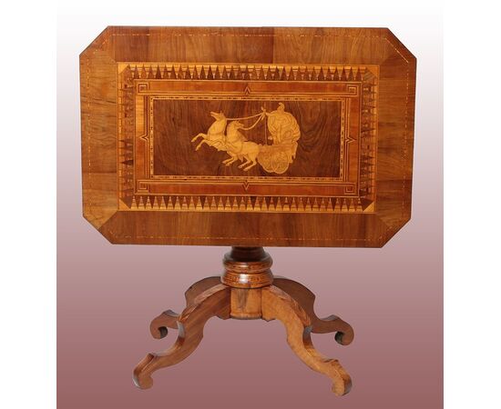 1800s Italian Sorrento table with a stunning inlay depicting a man driving a horse-drawn chariot.