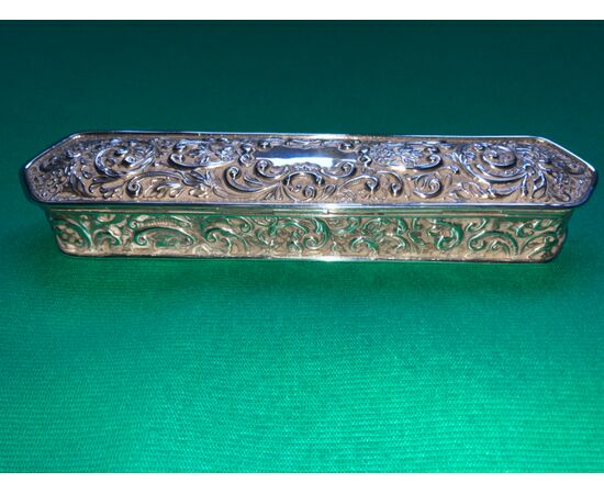 Embossed silver pen box with plant and rockery motifs Birmingham England 1912.     