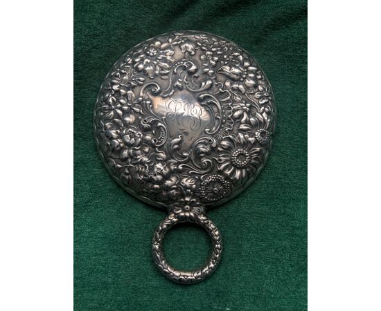 Silver mirror with floral and rocaille motifs Sterling punch United States.     