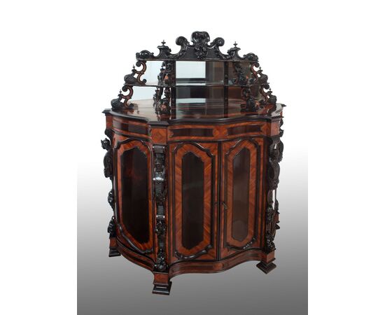 Ancient Sicilian sideboard in polychrome woods. Period 19th century.     