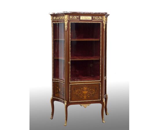 Antique Napoleon III French showcase in mahogany with bronze inlay inserts. Period 19th century.     