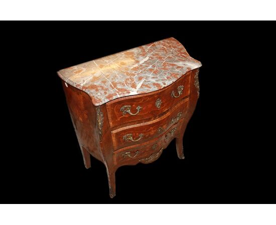 Louis XV serpentine chest of drawers from the 1800s, richly inlaid with 3 drawers