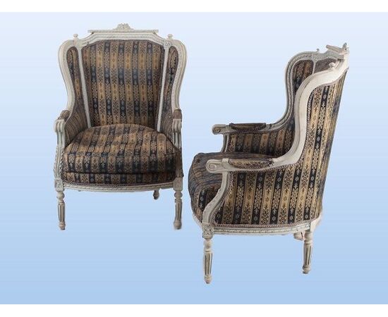 Antique French armchairs from the 1800s, Louis XVI style, lacquered in light blue