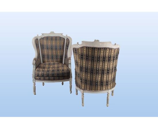 Antique French armchairs from the 1800s, Louis XVI style, lacquered in light blue