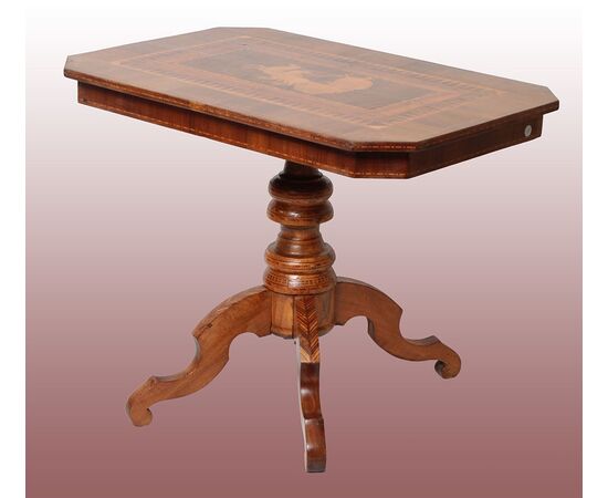 1800s Italian Sorrento table with a stunning inlay depicting a man driving a horse-drawn chariot.