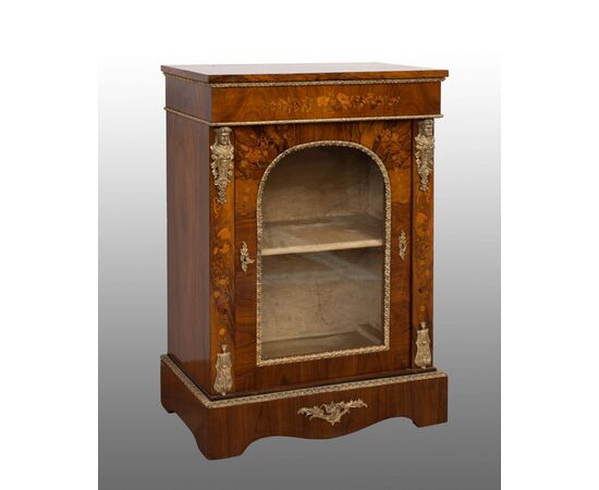 Antique English Victorian showcase in briar walnut with inlay inserts and gilt bronze applications. Period 19th century.     