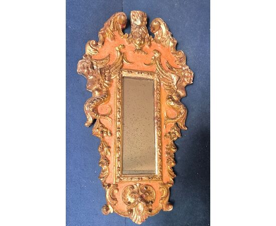 Baroque Mirror in Lacquered and Carved Wood, 1940s Sicily (Italy) H 62 cm, L 35 cm, P 6 cm