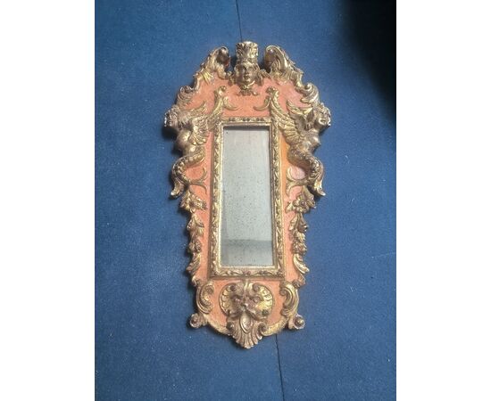 Baroque Mirror in Lacquered and Carved Wood, 1940s Sicily (Italy) H 62 cm, L 35 cm, P 6 cm