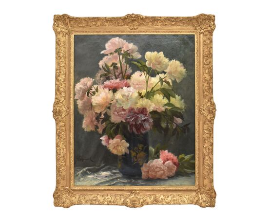 DIPINTI ANTICHI DI FIORI, NATURE MORTE CON PEONIE, OLIO SU TELA, EPOCA OTTOCENTO. (QF673)