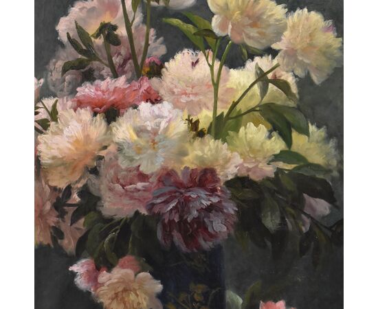 DIPINTI ANTICHI DI FIORI, NATURE MORTE CON PEONIE, OLIO SU TELA, EPOCA OTTOCENTO. (QF673)