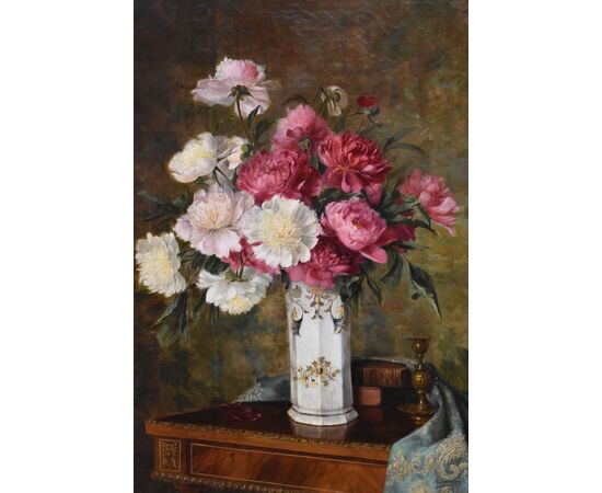 DIPINTI ANTICHI DI FIORI, NATURE MORTE CON PEONIE E LIBRI, OLIO SU TELA, EPOCA OTTOCENTO. (QF672)