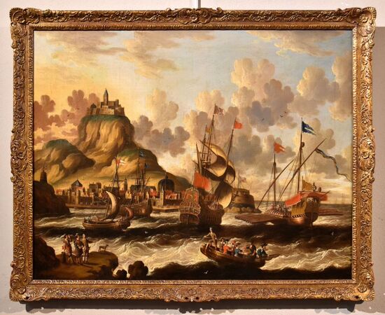 Veduta costiera con vascelli e castello, Peter Van Der Velde (Anversa 1634 - c.1714) - Monogrammato