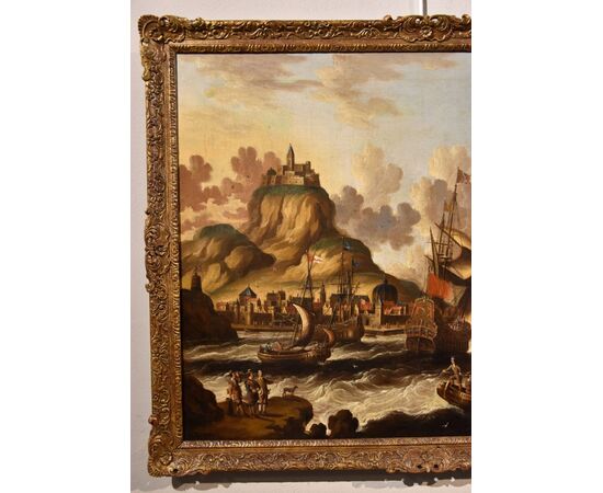 Veduta costiera con vascelli e castello, Peter Van Der Velde (Anversa 1634 - c.1714) - Monogrammato