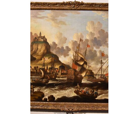 Veduta costiera con vascelli e castello, Peter Van Der Velde (Anversa 1634 - c.1714) - Monogrammato