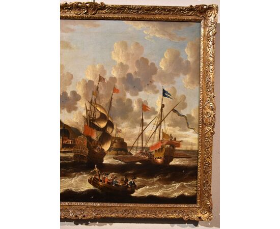 Veduta costiera con vascelli e castello, Peter Van Der Velde (Anversa 1634 - c.1714) - Monogrammato