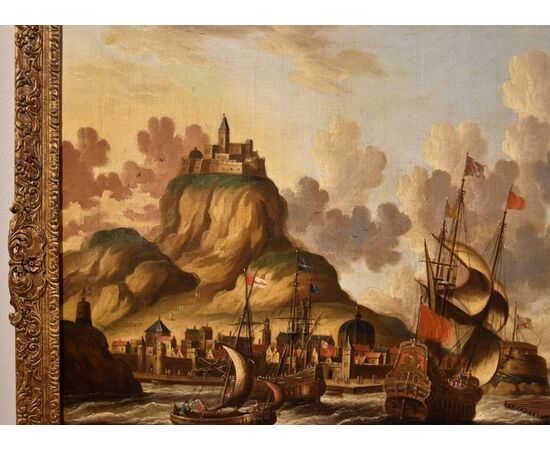 Veduta costiera con vascelli e castello, Peter Van Der Velde (Anversa 1634 - c.1714) - Monogrammato