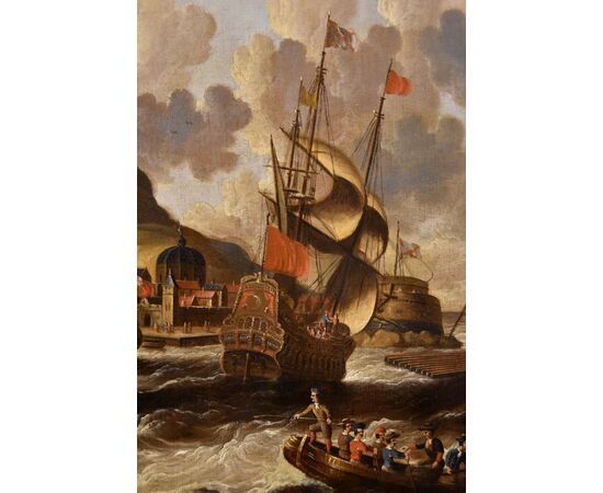 Veduta costiera con vascelli e castello, Peter Van Der Velde (Anversa 1634 - c.1714) - Monogrammato