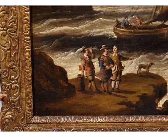 Veduta costiera con vascelli e castello, Peter Van Der Velde (Anversa 1634 - c.1714) - Monogrammato