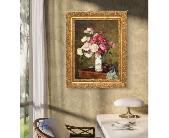 DIPINTI ANTICHI DI FIORI, NATURE MORTE CON PEONIE E LIBRI, OLIO SU TELA, EPOCA OTTOCENTO. (QF672)