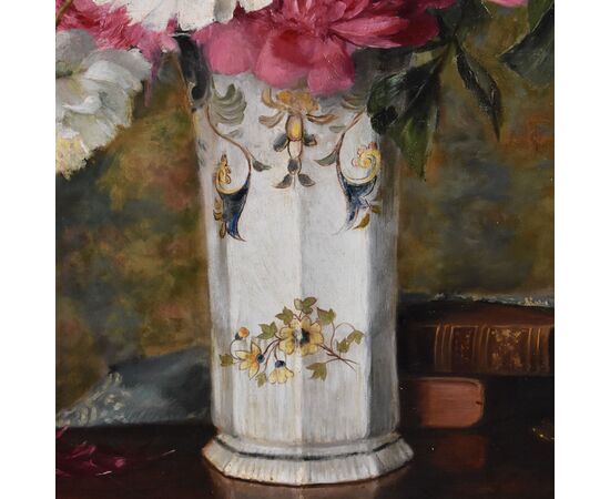 DIPINTI ANTICHI DI FIORI, NATURE MORTE CON PEONIE E LIBRI, OLIO SU TELA, EPOCA OTTOCENTO. (QF672)