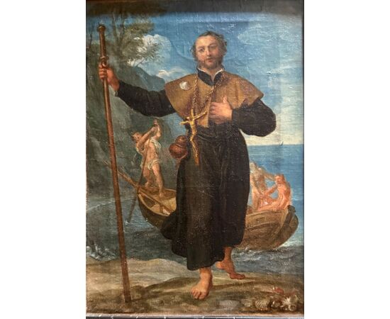 Dipinto olio su tela raffigurante San Rocco pellegrino.