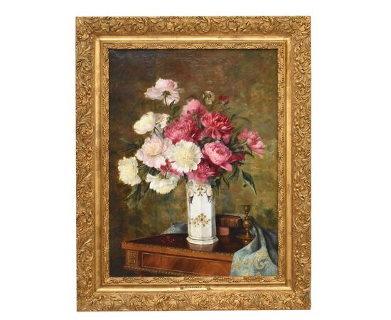 DIPINTI ANTICHI DI FIORI, NATURE MORTE CON PEONIE E LIBRI, OLIO SU TELA, EPOCA OTTOCENTO. (QF672)