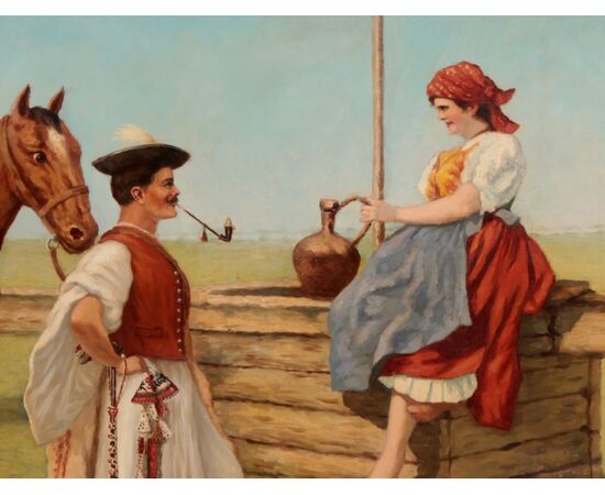 Antico quadro del 1800 olio su tela raffigurante "Incontro"