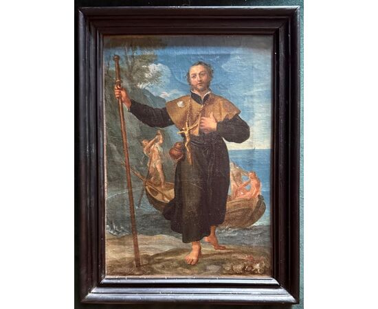 Dipinto olio su tela raffigurante San Rocco pellegrino.
