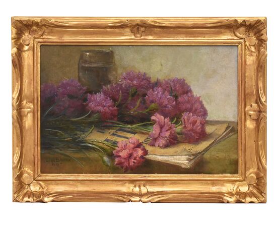 QUADRI ANTICHI, ART DECO, NATURA MORTA, FIORI DI GAROFANI E LIBRO, OLIO SU CARTONE, XX. (QF671)