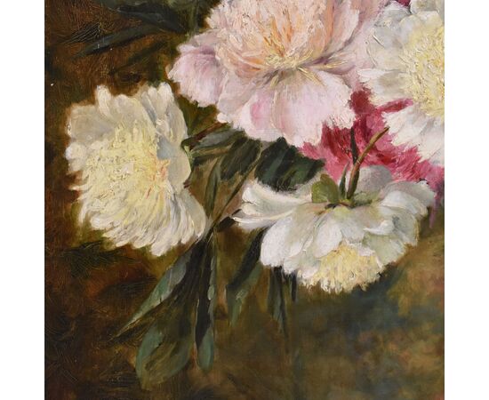 DIPINTI ANTICHI DI FIORI, NATURE MORTE CON PEONIE E LIBRI, OLIO SU TELA, EPOCA OTTOCENTO. (QF672)