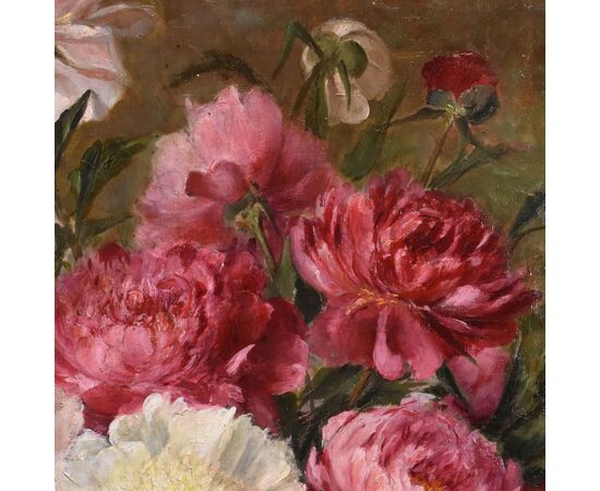 DIPINTI ANTICHI DI FIORI, NATURE MORTE CON PEONIE E LIBRI, OLIO SU TELA, EPOCA OTTOCENTO. (QF672)
