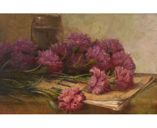 QUADRI ANTICHI, ART DECO, NATURA MORTA, FIORI DI GAROFANI E LIBRO, OLIO SU CARTONE, XX. (QF671)