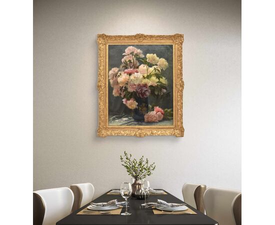 DIPINTI ANTICHI DI FIORI, NATURE MORTE CON PEONIE, OLIO SU TELA, EPOCA OTTOCENTO. (QF673)