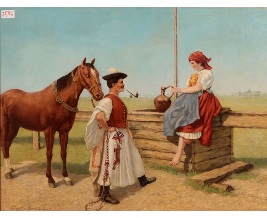 Antico quadro del 1800 olio su tela raffigurante "Incontro"
