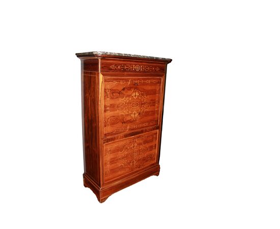 Secretaire francese stile Carlo X riccamente intarsiato in Palissandro metà 1800